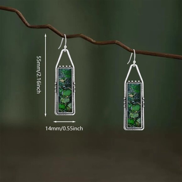 Green Handmade Bohemian Tribal Retro Colorful Square Bar Dangle Drop Earrings - Picture 5 of 6